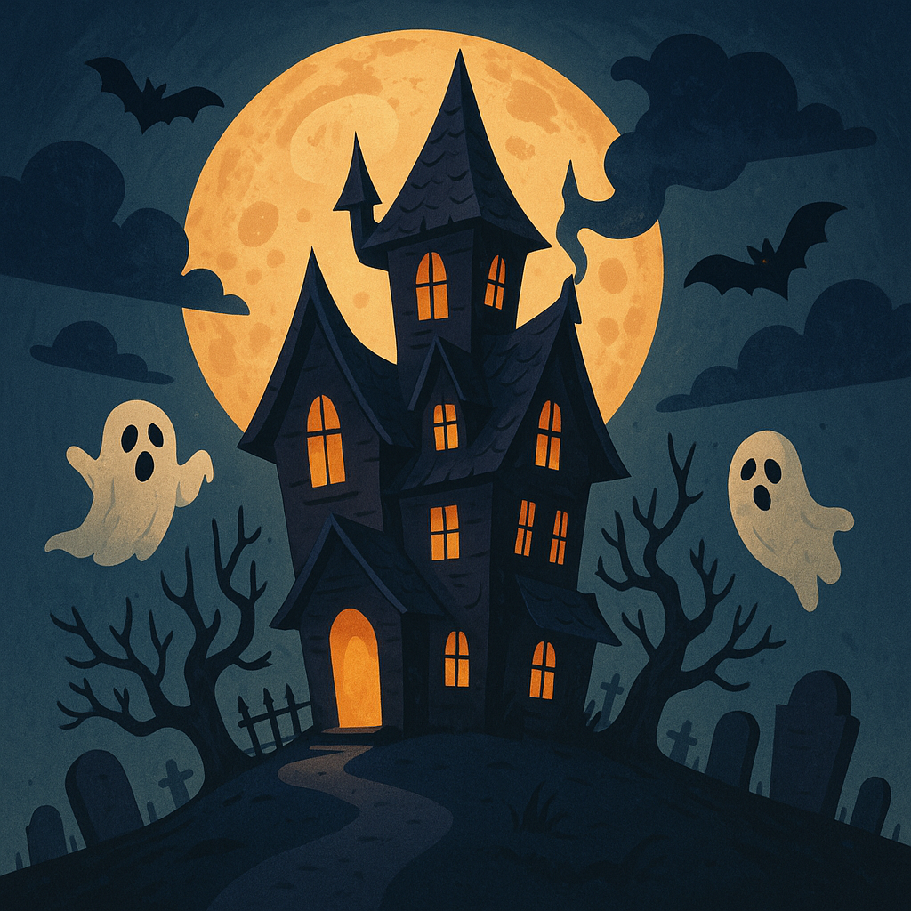 Illustration of a haunted house with pumpkins and a moonlit sky