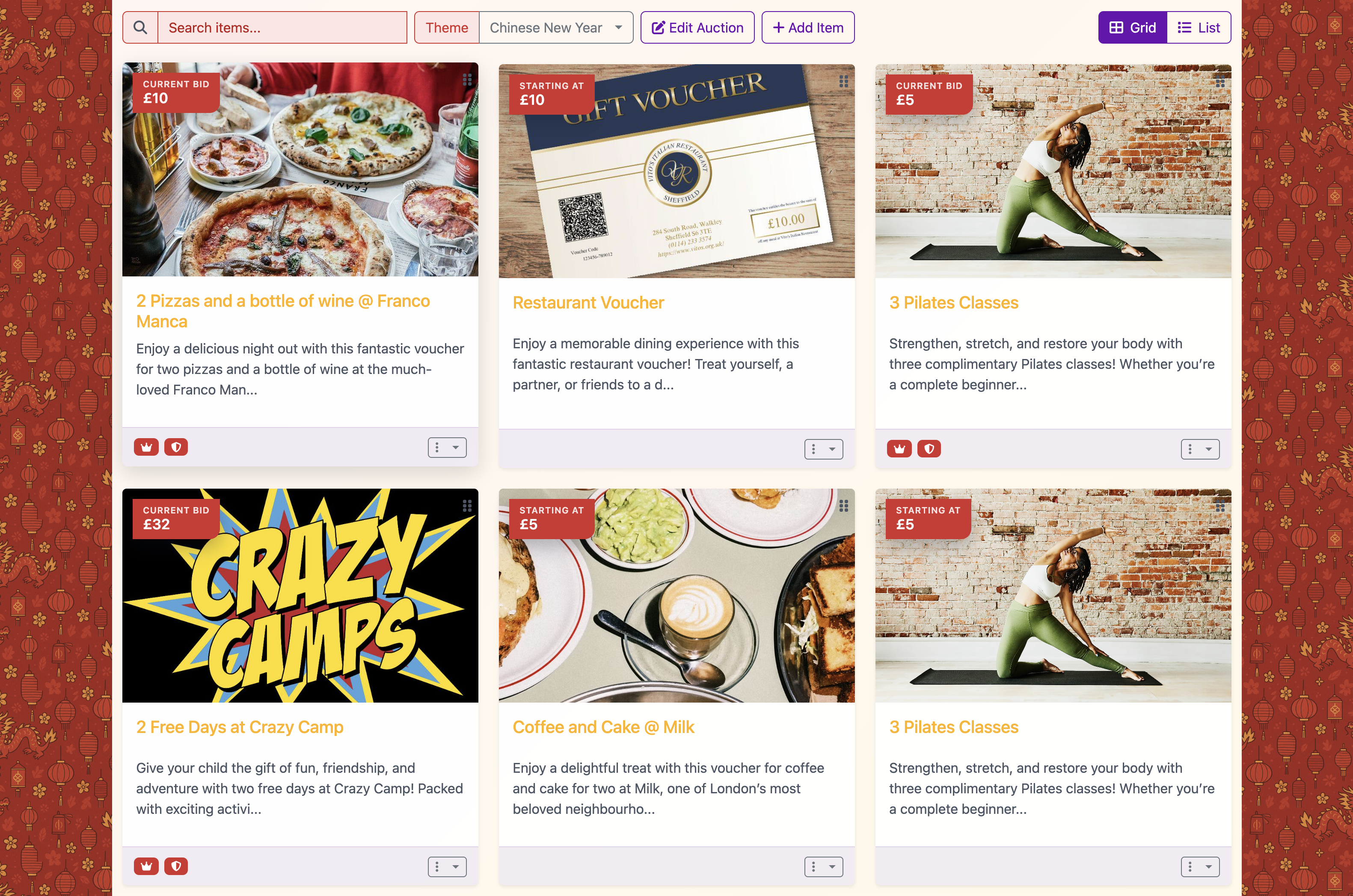 Screenshot of an auction with a Chinese New Year theme in Aucly