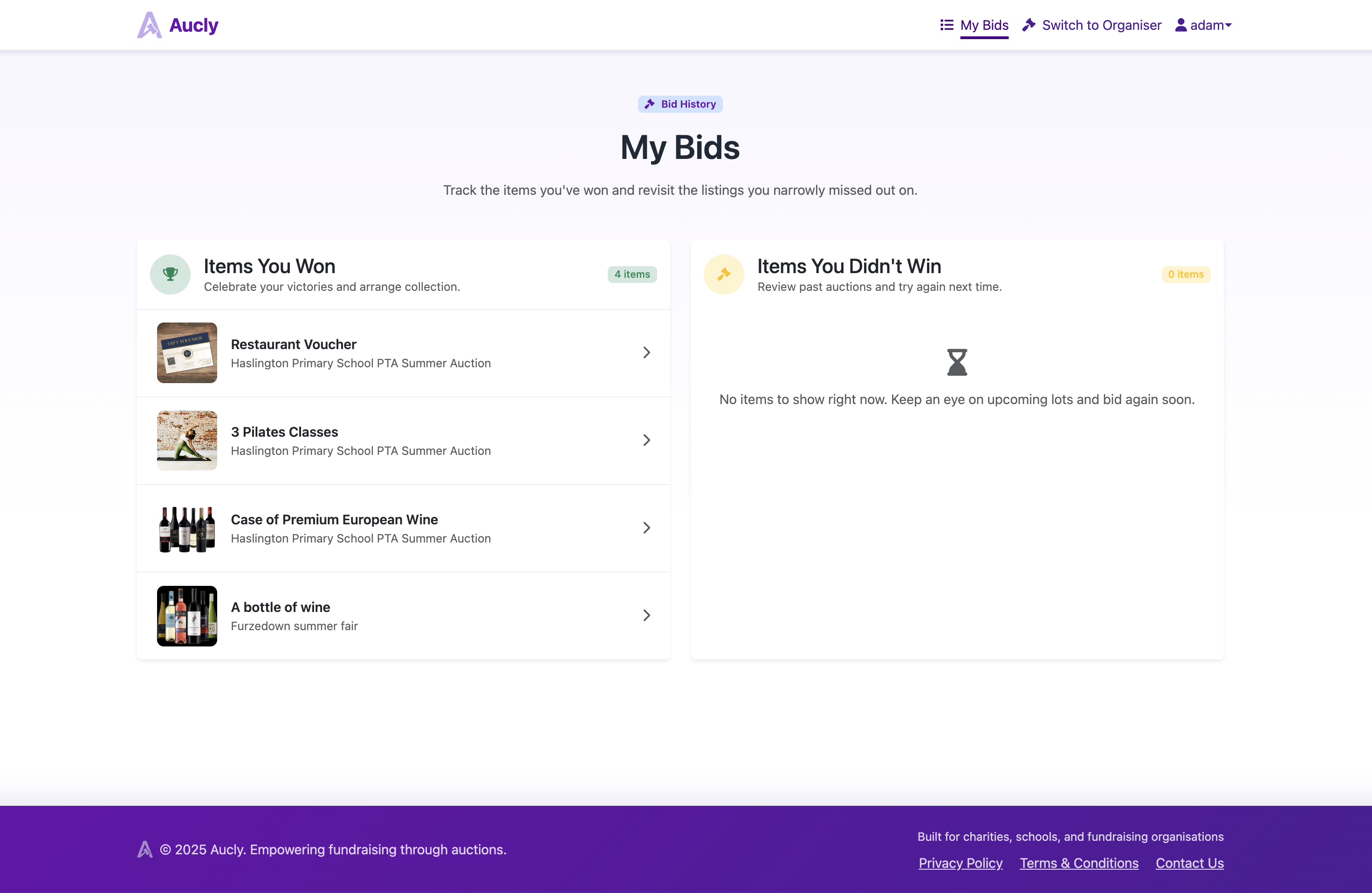 Screenshot of the refreshed My Bids page showing card-based results